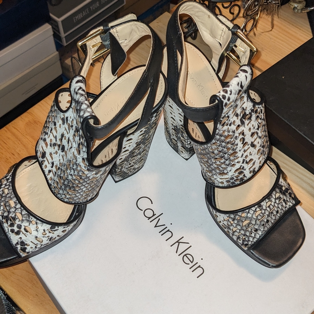Calvin Klein black and white snake leather sandal